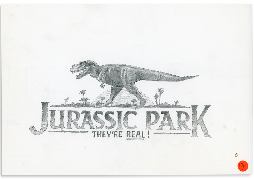 Original Jurassic Park Production Sketch Created in Development for the 1993 Film -- Drawing Shows a T-Rex With the Tag Line, Theyre Real!